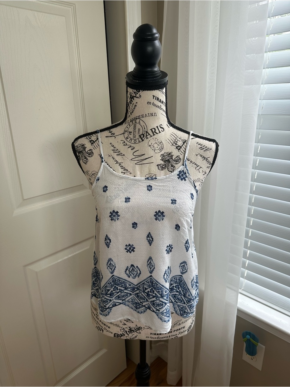 Forever 21 White Tank Top with Blue Pattern